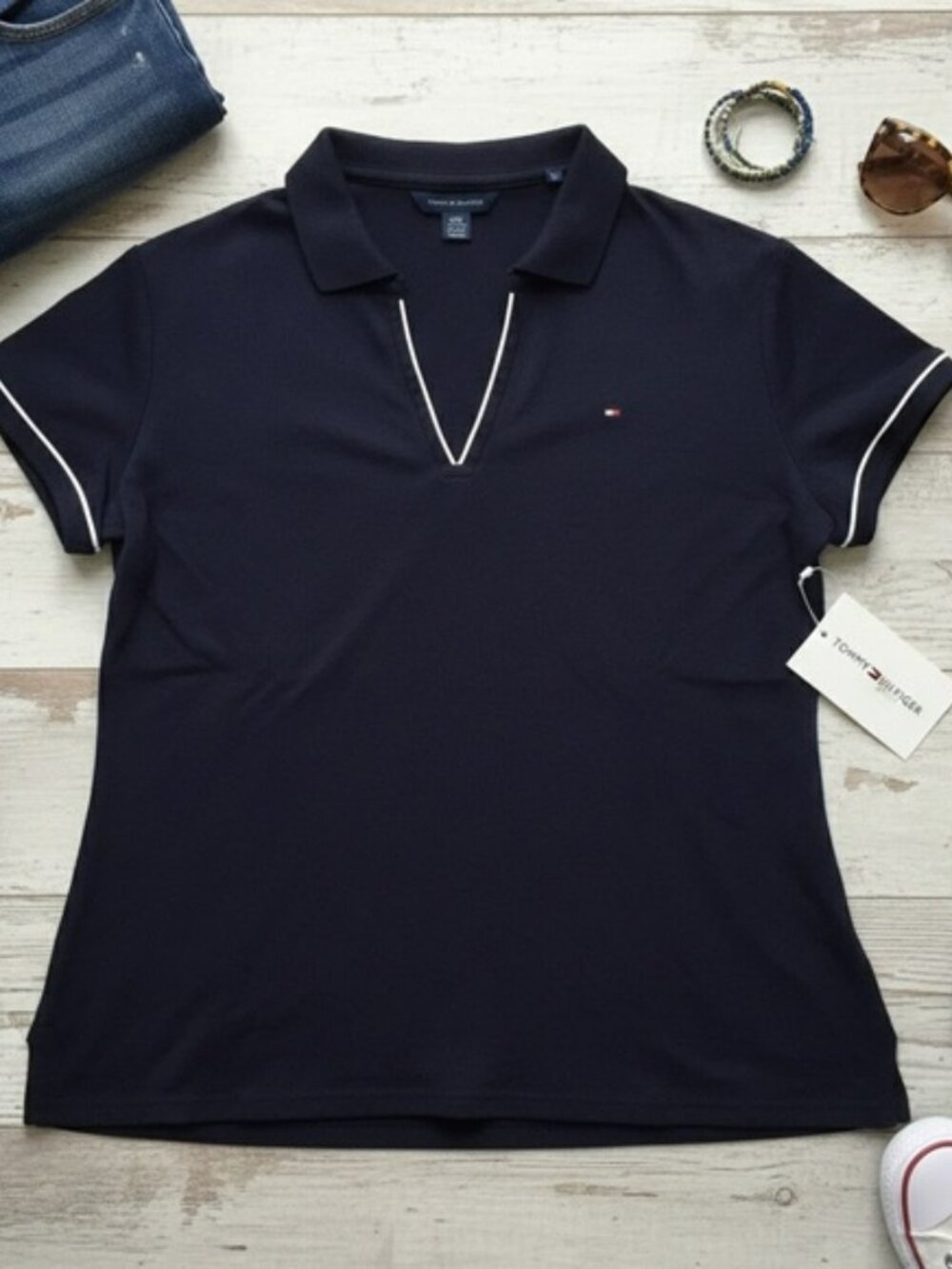 Tommy Hilfiger Women's Navy Short Sleeve V Neck Polo SZ XL